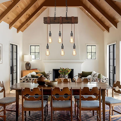 KEESFU 6-Lights Dining Farmhouse Chandelier, Farmhouse Wooden Ceiling Pendant Light, Height Adjustable, Rustic Chandelier for Kitchen Island Dining Room Bar Pool Table Cabin.