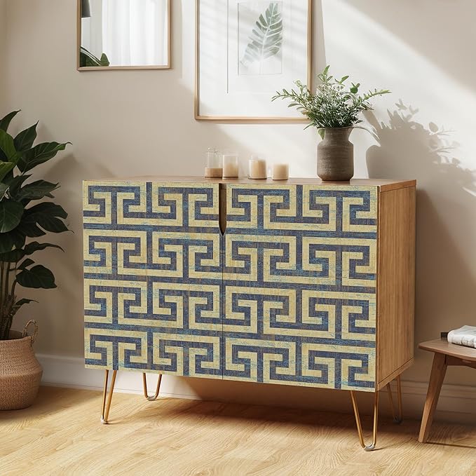 SIGNWIN Sideboard Buffet Cabinet, Kitchen Storage Cabinet with 2 Doors, Geometric Duotone Blue Line Patterns, Cupboard Console Table for Dining Room - 35" L x 18" W x 29" H