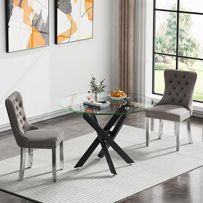 SSLine 35.4" Round Glass Dining Table for 2-4 Modern Circle Glass Tabletop Kitchen Table for 4 Luxury Dinner Tables with Black Metal Legs for Home Kitchen Dining Room(Table Only)
