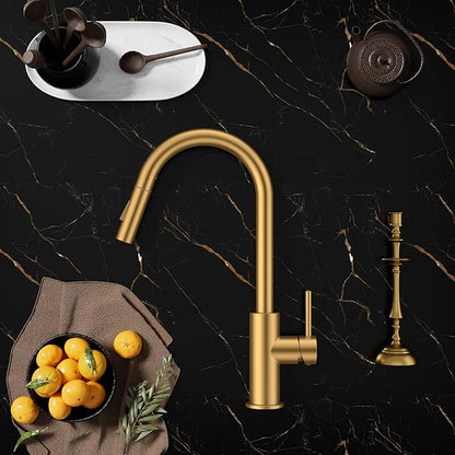 FORIOUS Gold Kitchen Faucet with Pull Down Sprayer, Brushed Brass High Arc Gooseneck Modern Sink Faucet with CUPC Ceramic Cartridge, Single Handle Stainless Steel and Deck Plate