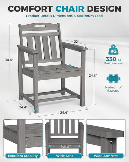 Ciokea Outdoor Patio Dining Chair, HDPE Oversized Porch Chairs with Wide Seat, All-Weather Durable Heavy-Duty Outdoor Furniture for Backyard, Poolside, Lawn & Garden, Grey