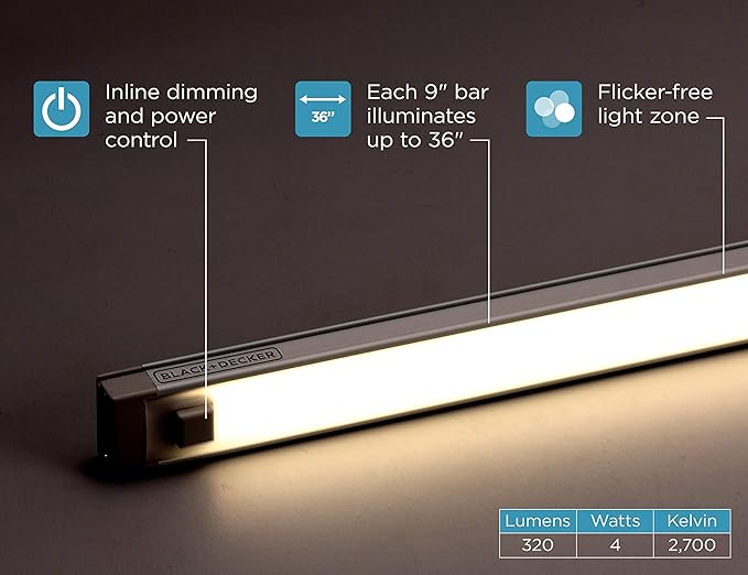 PureOptics LED Push Wire® Under Cabinet Light Bar, Plug-in or Hardwire, 9", Cool White, Gray, (LEDUC9-1CB)