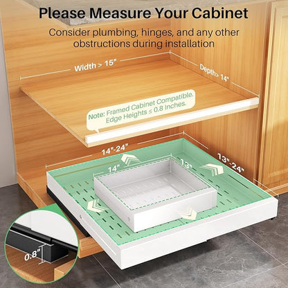 Pull out Cabinet Organizer, Expandable Width(14"-24"), Depth(13"-24") with 3 Rails, Slide Out Drawers With Raising Pad for Framed Cabinets, Fixed with Adhesive Film for Cabinets in Kitchen, White