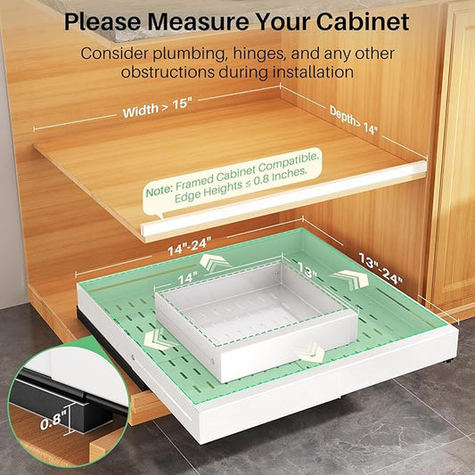 Pull out Cabinet Organizer, Expandable Width(14"-24"), Depth(13"-24") with 3 Rails, Slide Out Drawers With Raising Pad for Framed Cabinets, Fixed with Adhesive Film for Cabinets in Kitchen, White