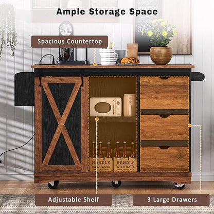 RUNNA Farmhouse Kitchen Island with Drop Leaf, Kitchen Storage Island with Barn Door, Power Outlet,Rolling Kitchen Cart on Wheels with Spice Rack, for Home, Kitchen,Dining Room (Black_29)