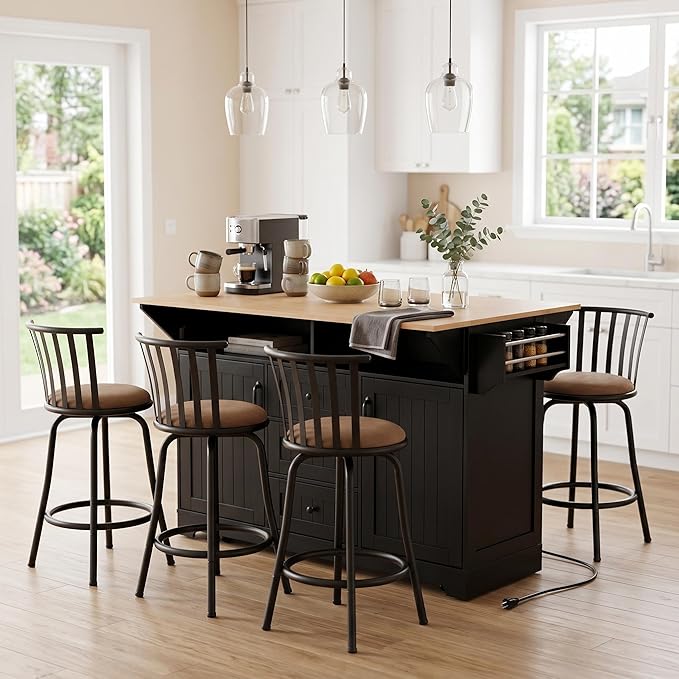 Homy Casa 5 Piece Kitchen Island Set with 4 Swivel Bar Stools, Rolling Kitchen Cart with Drop Leaf, Power Outlet, Drawers and Storage Cabinet, Breakfast Bar Table Set for Dining Room (Black)