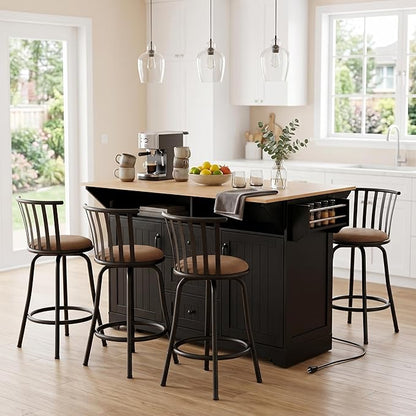 Homy Casa 5 Piece Kitchen Island Set with 4 Swivel Bar Stools, Rolling Kitchen Cart with Drop Leaf, Power Outlet, Drawers and Storage Cabinet, Breakfast Bar Table Set for Dining Room (Black)