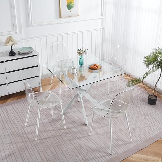 Square Glass Dining Table,Glass Dining Room Table with Metal Legs, Modern Glass Kitchen Table for Home, Kitchen, Dining Room