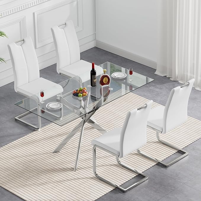 Glass Dining Table,51'' Rectangular Dining Kitchen Table,Modern X-Design Dining Room Table with Black Metal Base for Dining Room