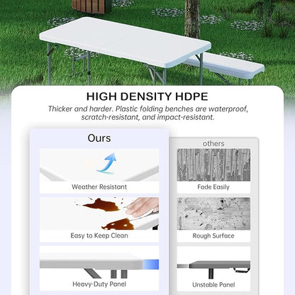 Folding Table 4 Foot for Indoor Outdoor, Portable Heavy Duty Fold-in-Half Utility Small Plastic Adjustable Height Folding with Carrying Handle for Picnic and Party, White