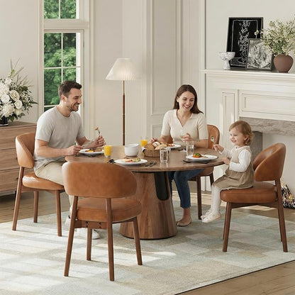 MALOL Wooden Dining Chairs Set of 6, Modern Upholstered Dining Room Chair, PU Leather Kitchen Side Chairs with Curved Open Back for Living Room/Restaurant/Cafe, Brown
