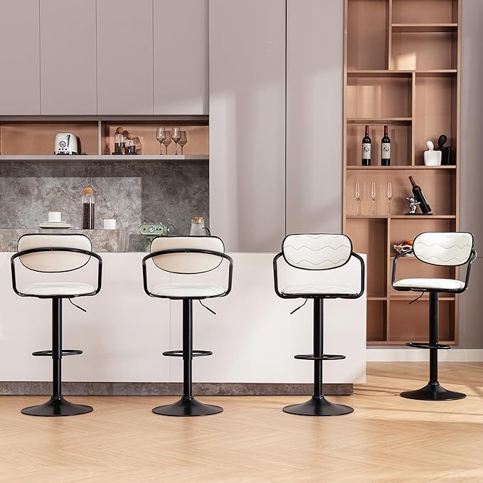 VECELO Bar Stools Set of 2, Adjustable Counter Height Barstools with Back and Arm, Swivel Bar Chairs/PU Leather Kitchen Island Stools for Pub/Dining Room/Living Room, White
