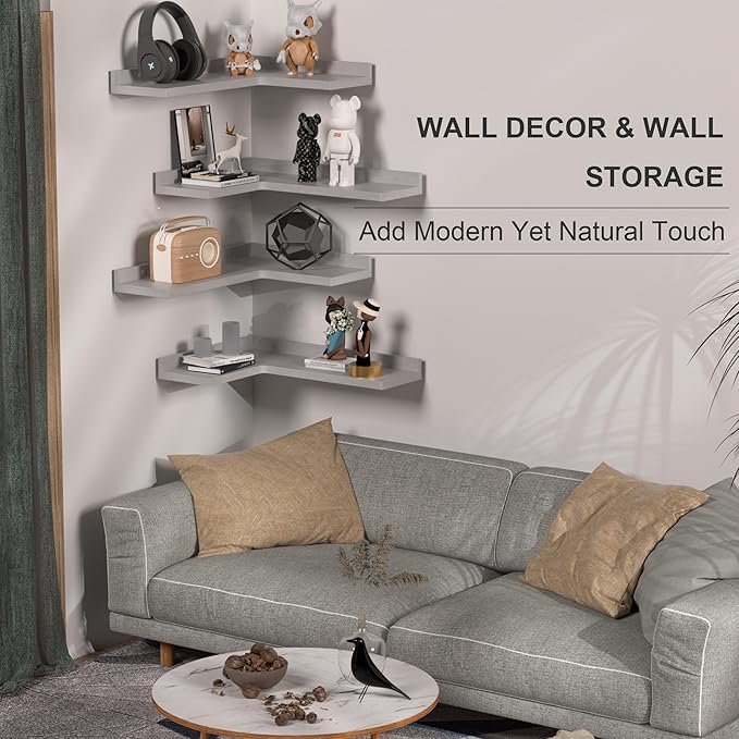 Rustic Pine Wood Corner Shelves Set of 4, L-Shaped Wall Mounted Shelf for Multi-Room Storage and Decor - Grey