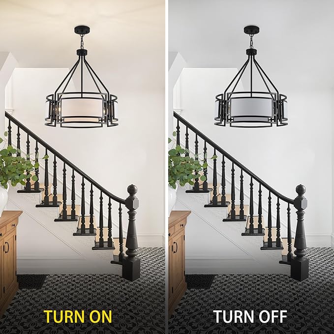 20'' Black Drum Chandeliers, 5Lights Black and White Drum Chandelier Modern Industrial Pendant Light Fixture, Adjustable Fabric Chandelier for Dining Room Kitchen Island Living Room Foyer E26
