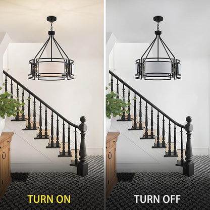 20'' Black Drum Chandeliers, 5Lights Black and White Drum Chandelier Modern Industrial Pendant Light Fixture, Adjustable Fabric Chandelier for Dining Room Kitchen Island Living Room Foyer E26