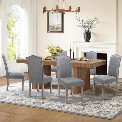 Upholstered Dining Chair Modern Stylish Parsons Kitchen Diner High Back with Silver Nailhead Trim & Wood Legs, Set of 6, Fabric Classic Grey