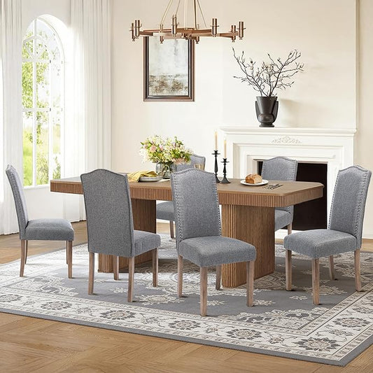 Upholstered Dining Chair Modern Stylish Parsons Kitchen Diner High Back with Silver Nailhead Trim & Wood Legs, Set of 6, Fabric Classic Grey
