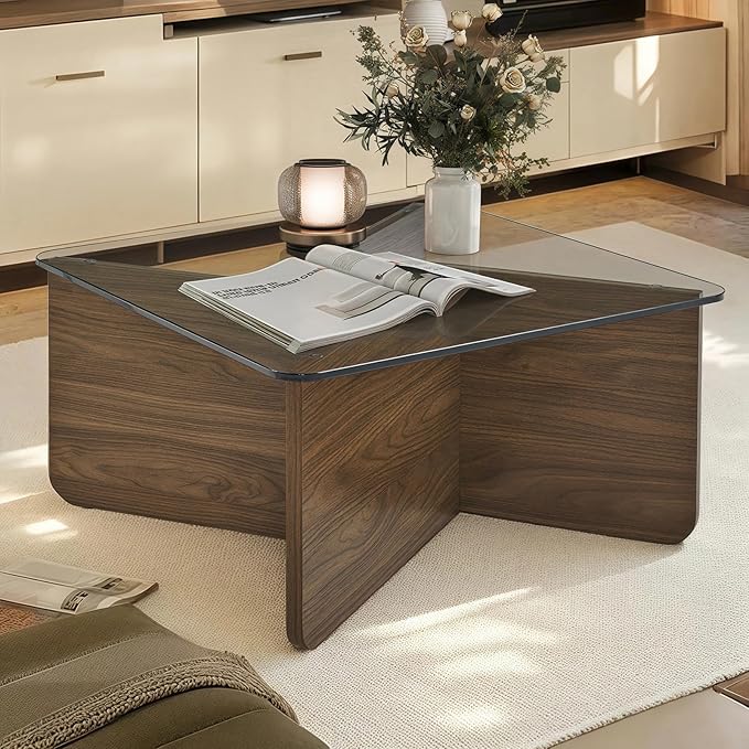 31.5" Square Glass Coffee Table, Mid-Century Modern Coffee Table with Tempered Glass Top and MDF Frame, Center Table for Small Spaces, Living Room, Office, Apartment, Walnut