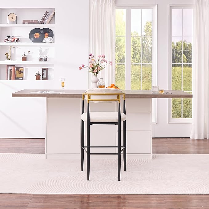 Modern Upholstered Accent Chair Set of 2 with Gold Accented Armrests, Ergonomic Barrel Back, Padded Fabric Seat, Metal Frame for Dining Room, Kitchen Island, Counter, Office (Beige,Bar Stool)