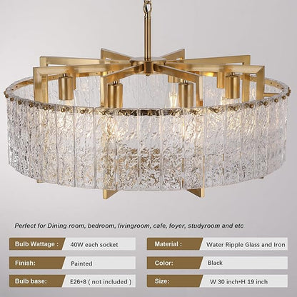 Crystal Gold Chandelier Lighting Fixture, 8 Lights Luxury Crystal Glass Pendant with Adjustable Chain,Ceiling Mounted for Dining Room Kitchen Living Room Foyer- 30in (Sloped/Hight Ceiling)