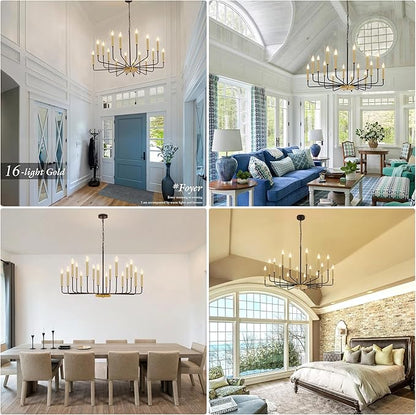 Black and Gold Chandelier, 16-Light Farmhouse Chandelier for Dining Room Lighting Fixtures Hanging, Industrial Modern Chandeliers for Dining Room Living Room Foyer Entry Staircase Kitchen