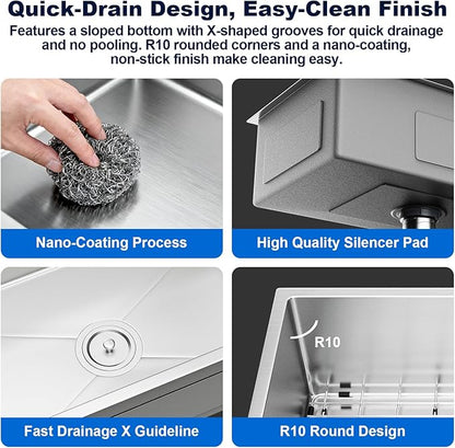 30-inch Undermount Kitchen Sink, S304 Stainless Steel Single Bowl Kitchen Sinks, Modern Kitchen Sink with Bottom Grid & Drain Assembly