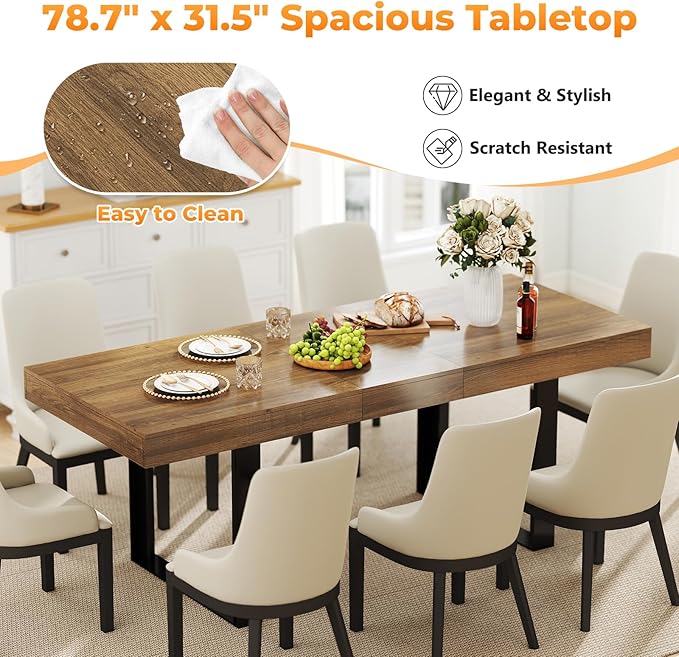 Zevemomo 63"-78.7" Expandable Dining Table, 6-8 Extendable Dining Table, Rectangle Conference Table, Farmhouse Kitchen Table with Slide Track, Tapered U-Shaped Wood Legs for Office, Living Room-Brown