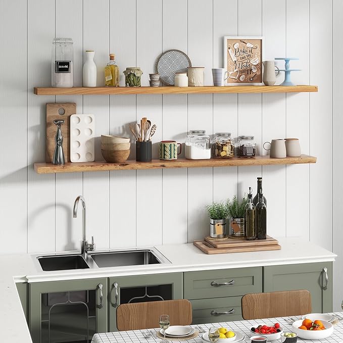 Venusmiles Reclaimed Elm Wood Floating Shelf for Wall, Flat Edge 72" W x 9.2" D x 1.4" H, Large Invisible Wall Mounted Shelf for Living Room Bedroom Kitchen Bathroom Decor, Natural Finish 1 Pack
