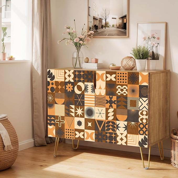 SIGNWIN Sideboard Buffet Cabinet, Kitchen Storage Cabinet with 2 Doors, Brown Polygon Collage Pattern, Cupboard Console Table for Dining Room - 35" L x 18" W x 29" H