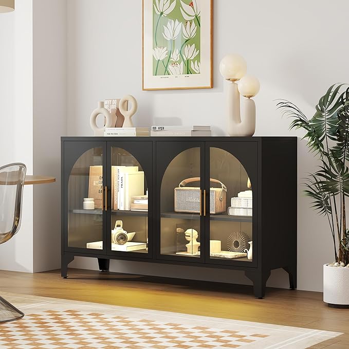 Foreate Arched Sideboard Buffet Cabinet with Storage & LED Light, 53.2" Large Buffet Cabinet with 4 Glass Door & Adjustable Shelf, Modern Farmhouse Sideboard Credenzas Metal Kitchen Buffets, Black