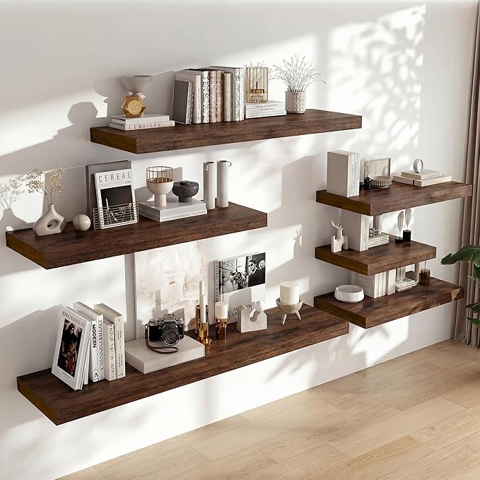 Heimlove 12 Inch Deep Floating Shelves, 55 x 12 inches Long Wall Shelf, Large Extra Display Shelf & Storage Shelf, Rustic Wood Wall Shelves for Fireplace Mantel, Set of 1(Rustic Brown)
