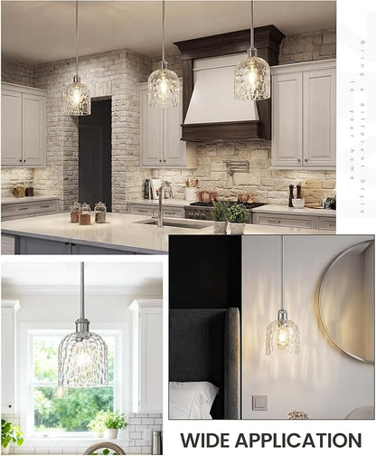 zeyu Adjustable Hanging Lights for Kitchen, Large Pendant Lights Kitchen Island, Modern Hanging Pendant Lights 2 Pack with Clear Hammered Glass, Brushed Nickel Finish, ZJF63MIL-L-2PK BN