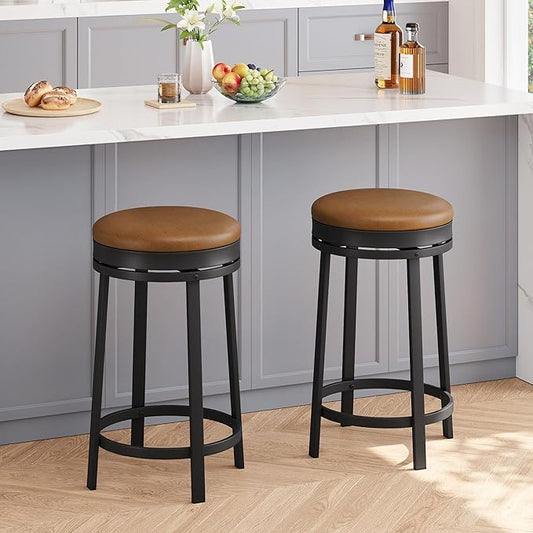 GAOMON 24 inch Swivel Bar Stools Set of 2, Counter Height Barstool with Footrest and PU Leather Upholstery, Metal Frame, Kitchen Barstools for Kitchen Island, Home Bar, Brown