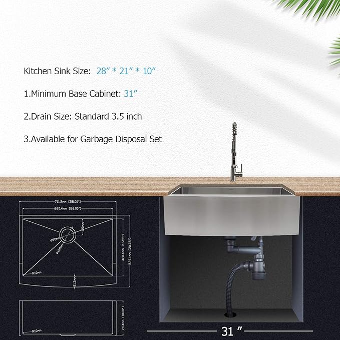 Lordear 28 Farm Sink Stainless 28 x 21 inch Farmhouse Sink 16 Gauge Stainless Steel Apron Front Single Bowl Kitchen Sinks Basin