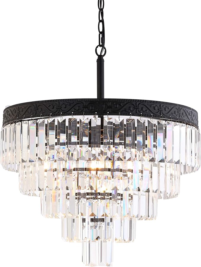 JONATHAN Y 20" Bronze/Clear 4-Light LED Chandelier, Modern Tiered Pendant Light Fixture for Dining Room, Bedroom, Entryway with Clear Faceted Crystal Shade (JYL9007B)