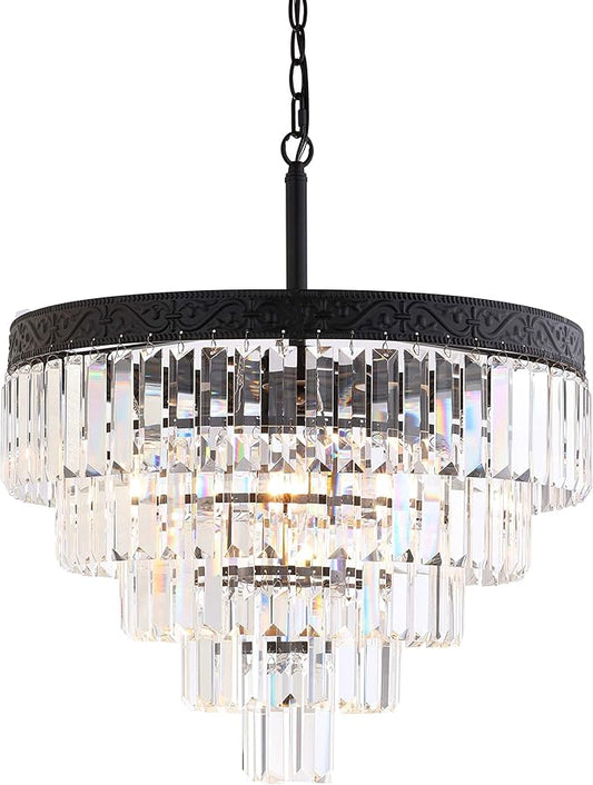 JONATHAN Y 20" Bronze/Clear 4-Light LED Chandelier, Modern Tiered Pendant Light Fixture for Dining Room, Bedroom, Entryway with Clear Faceted Crystal Shade (JYL9007B)