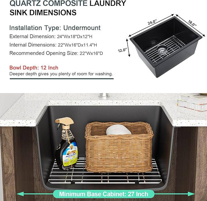 Lordear Granite Composite Laundry Sink 24×18 Inch Undermount Laundry Room Utility Black 12 Inch Deep Under Counter 24x18x12 Inch