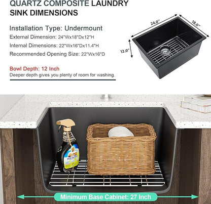 Lordear Granite Composite Laundry Sink 24×18 Inch Undermount Laundry Room Utility Black 12 Inch Deep Under Counter 24x18x12 Inch