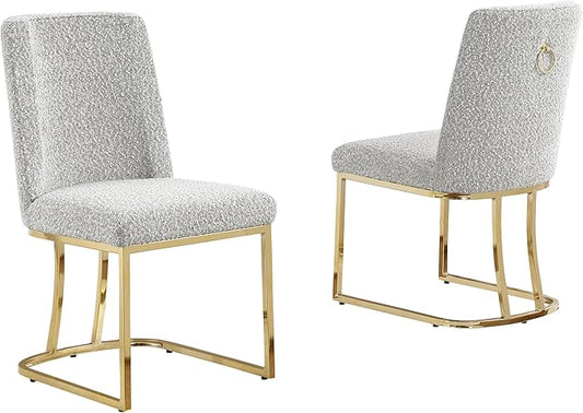 Modern Chairs Set of 2, Chrome Side Chairs & Counter Stools with Ring Pull Back, Luxury Upholstered Chairs for Kitchen Island, Dining Room & Home Bar (Boucle, Rich Gray/Gold, Side Chair)
