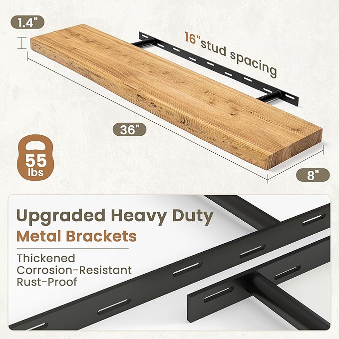 Fun Memories Floating Shelves for Wall Decor Set of 2-36 Inch Solid Elm Wood Live Edge - Rustic Natural Wall Shelves with Invisible Brackets - for Living Room, Bedroom, Kitchen - Natural Finish