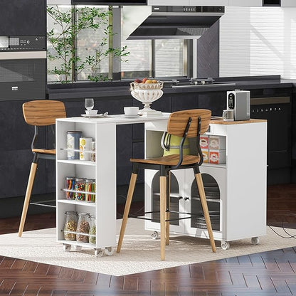 Modern Dining Table with Kitchen Island on Wheels Expandable Wood Table with Counter Console Living Room Luxury Decor,White-MDF