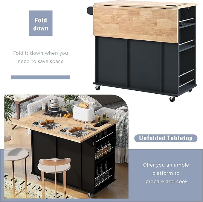 Ball & Cast Kitchen Island with Power Outlet,Kitchen Island with Drop Leaf and Rubber Wood,Open Storage and Wine Rack,5 Wheels,W/Adjustable Storage for Home,Kitchen,Dining Room,Black,40"