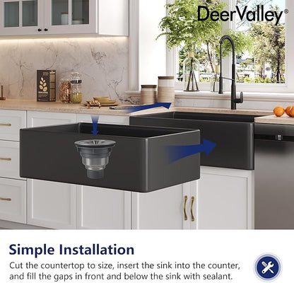 DeerValley Black Farmhouse Sink for Kitchen 33 inch, Fireclay Farmhouse Single Bowl Kitchen Sink, Front Apron Workstation Sinks with Grid, Strainer & Workstation Accessories