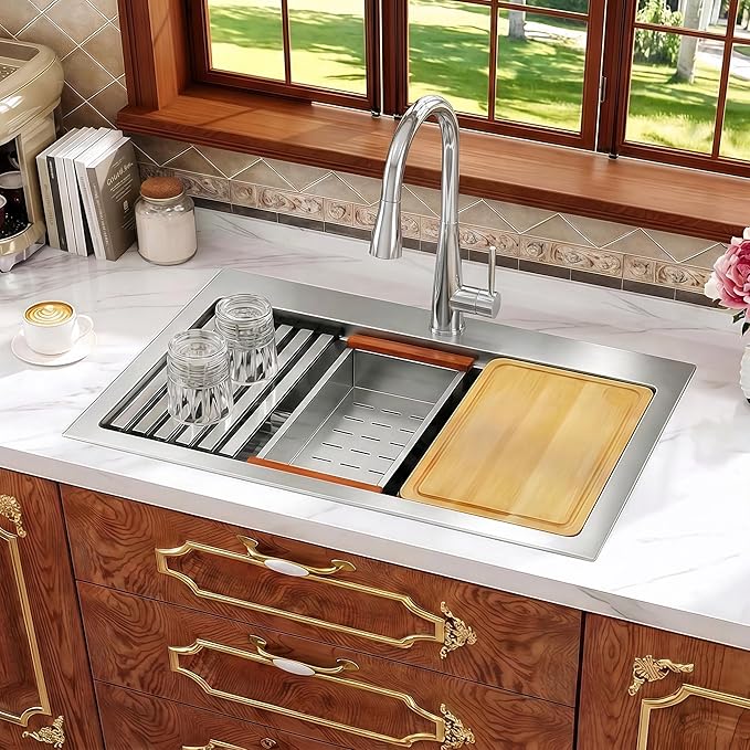 Rhbamoa Drop In Kitchen Sink 31 Inch,16 Gauge T304 Stainless Steel Drop In Kitchen Sinks,Single Bowl Workstation Sink,10 Inch Deep Topmount Sinks with All Accessories