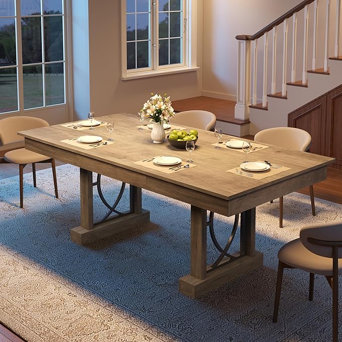 Garvee 71-Inch Wooden Kitchen Table with Two Drawers, Large Dining Table for 6-8 w/Large Tabletop & Sturdy Frame, Rectangular Dining Table with Double Pedestal, for Kitchen, Dinner