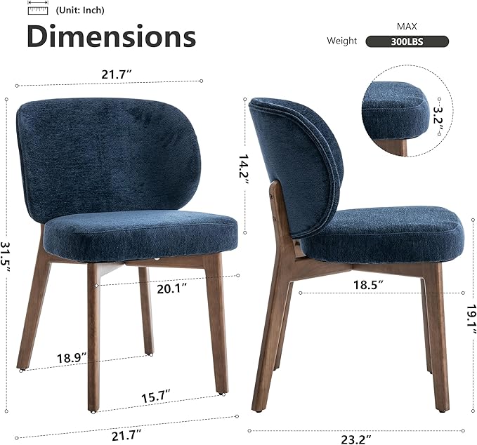 YOUNIKE Dining Chair with High Back Set of 8 Mid Century Modern Kitchen Chair Boucle Fabric Upholstered Armless Accent Chair 20" Wide Padded Seat with Wooden Legs for Living Room Bedroom Navy Blue