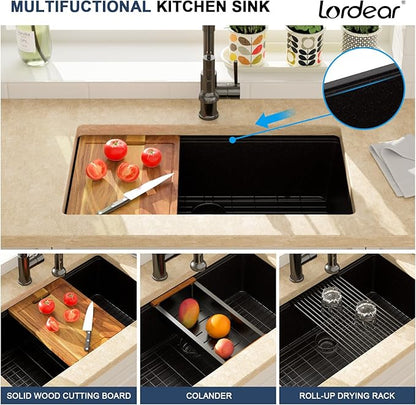 Lordear 32 Inch Black Granite Composite Kitchen Sink Workstation 32x19 Matte Black Undermount Quartz Sinks Under Counter Single Bowl Sink with Black Accessories