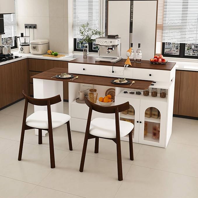 Kitchen Island Set with 2 Solid Wood Chairs, Extendable Rotating Table,with Walnut Veneer Retro Design, 4 Drawers Glass Door Cabinets, Expandable Dining Station for 2 4 Person KT175