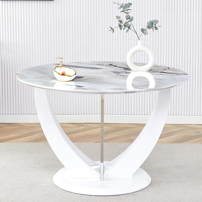 JUFU Round Dining Table for 4/6, 47 Inch Faux Marble Look Dining Room Table, White Kitchen Table with Stable Pedestal, Modern Glass Dining Table for Kitchen,Living Room,Apartment,Restaurant