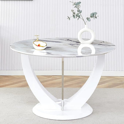 JUFU Round Dining Table for 4/6, 47 Inch Faux Marble Look Dining Room Table, White Kitchen Table with Stable Pedestal, Modern Glass Dining Table for Kitchen,Living Room,Apartment,Restaurant